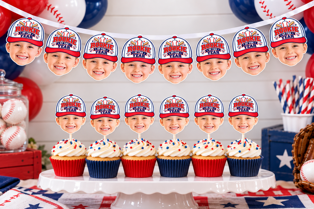 Personalized Rookie of the Year baseball photo cupcake topper featuring a child face and red white and blue baseball cap design