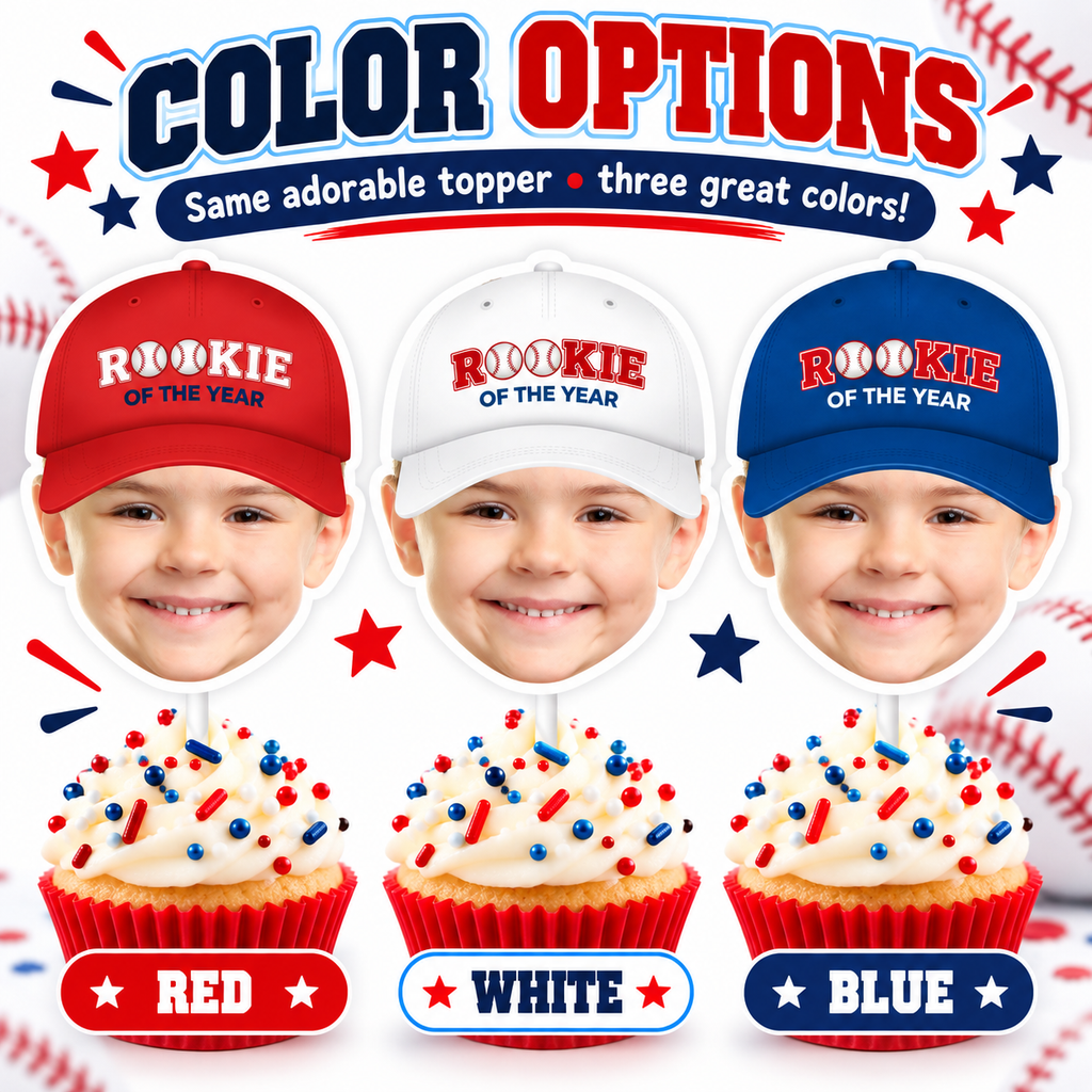 Personalized Rookie of the Year baseball photo cupcake toppers shown in red white and blue hat color options featuring a childs face for a baseball birthday party