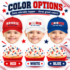 Personalized Rookie of the Year baseball photo cupcake toppers shown in red white and blue hat color options featuring a childs face for a baseball birthday party