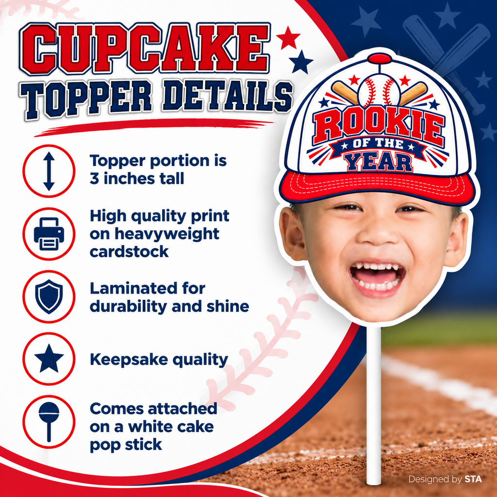 Personalized Rookie of the Year baseball photo cupcake toppers displayed on a red white and blue baseball birthday dessert table
