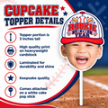 Personalized Rookie of the Year baseball photo cupcake toppers displayed on a red white and blue baseball birthday dessert table