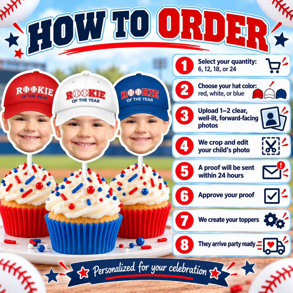 How to order personalized Rookie of the Year baseball photo cupcake toppers with red white or blue hat options custom child photo and quantities of 6 12 18 or 24