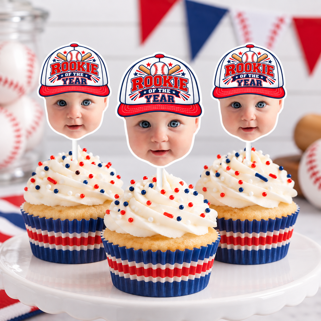 Personalized Rookie of the Year baseball photo cupcake toppers displayed on red white and blue birthday cupcakes