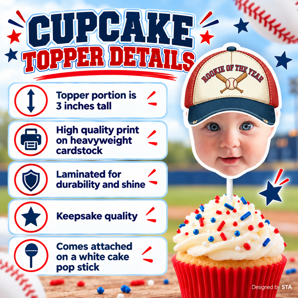 Rookie of the Year baseball photo cupcake topper details showing three inch topper heavyweight cardstock laminated finish keepsake quality and white cake pop stick