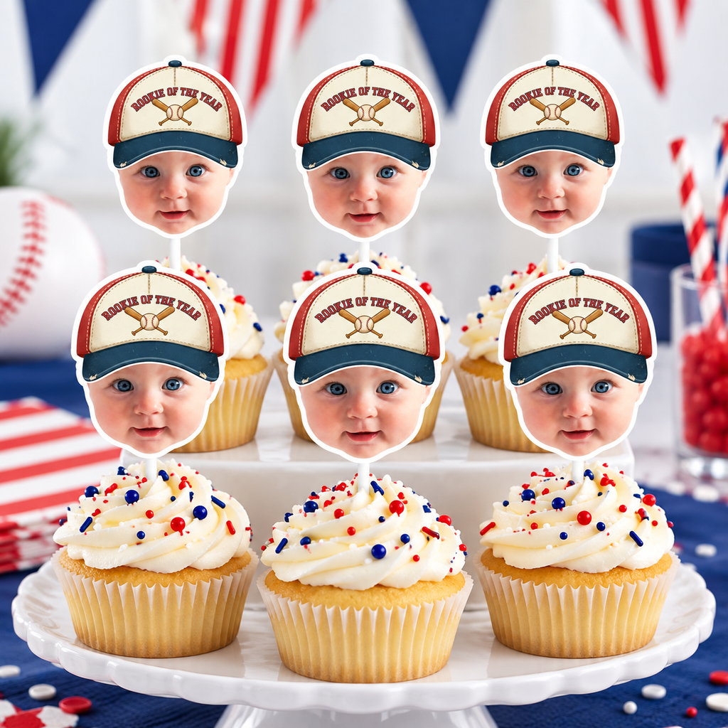 Personalized Rookie of the Year baseball photo cupcake toppers featuring a childs face with a vintage red cream and navy baseball cap displayed on birthday cupcakes