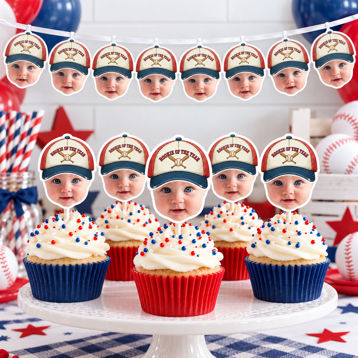 Personalized Rookie of the Year vintage baseball photo cupcake toppers with matching face banner displayed at a red white and blue baseball birthday party
