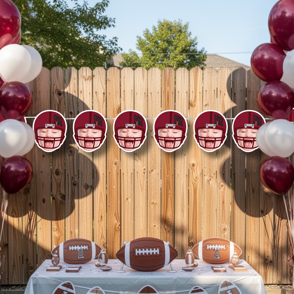 Rookie of the Year football birthday banner with personalized baby face helmets hanging on a wooden fence backdrop. Burgundy and neutral balloon decor styled for an outdoor football themed first birthday party. Laminated finish is weatherproof and safe for outdoor use. 