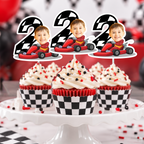 Custom race car photo cupcake toppers with age two displayed on cupcakes for a second birthday racing party