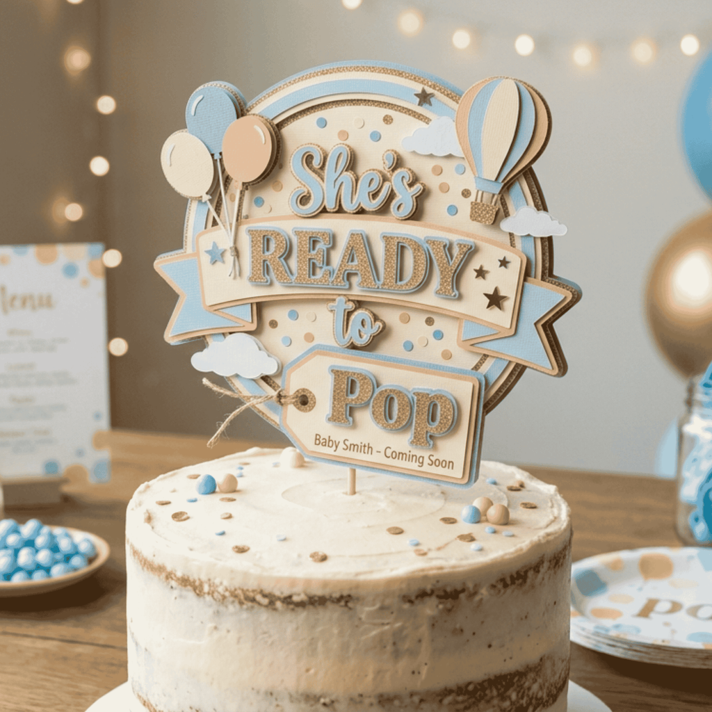 Custom baby shower cake topper with pastel blue balloons hot air balloon clouds and layered cardstock design featuring she’s ready to pop theme handmade party decoration