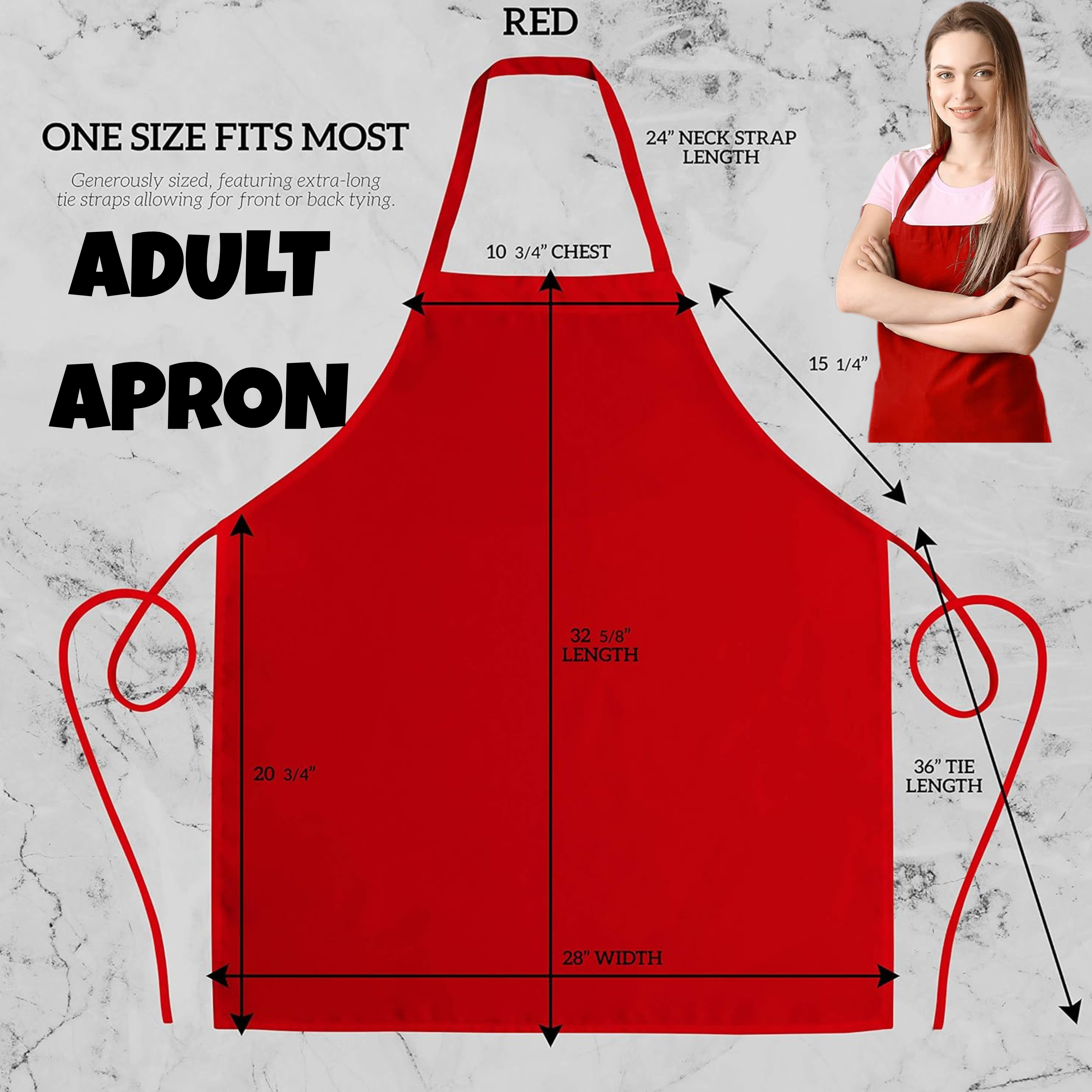 Red apron with measurements and a model wearing it on a gray marble background