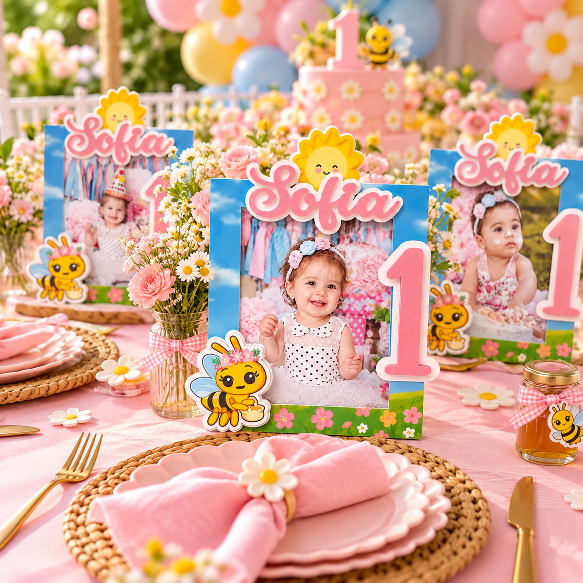 Bee themed birthday table setting using personalized layered photo frame centerpieces as tabletop party decor and keepsakes.