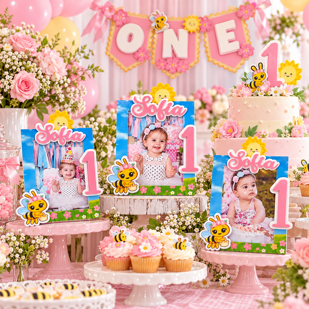 Sweet One bee first birthday dessert table styled with a personalized photo frame centerpiece, matching cake decor and soft pink and yellow party details.