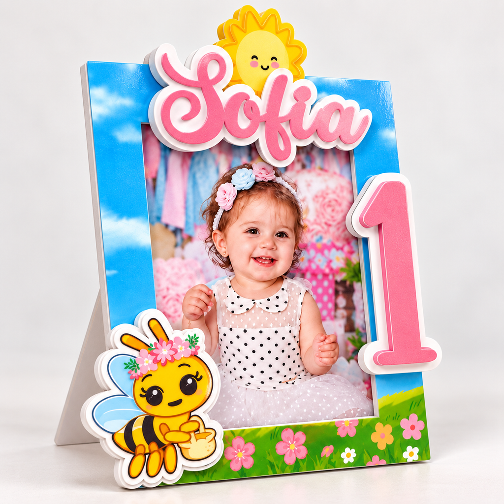 Handmade Sweet One bee birthday photo frame with Sofia name, pink number one, layered cardstock flowers, smiling sun and bee details.