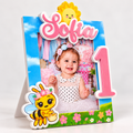Handmade Sweet One bee birthday photo frame with Sofia name, pink number one, layered cardstock flowers, smiling sun and bee details.