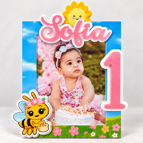 Sweet One bee birthday photo frame centerpiece with Sofia name, pink number one, floral bee accents and a 4 by 6 birthday photo.