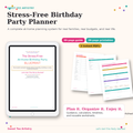 A complete at-home birthday party planning system featuring a 55-page step-by-step guide and a separate 29-page reusable printable pack with calculators, timelines, checklists, and worksheets.