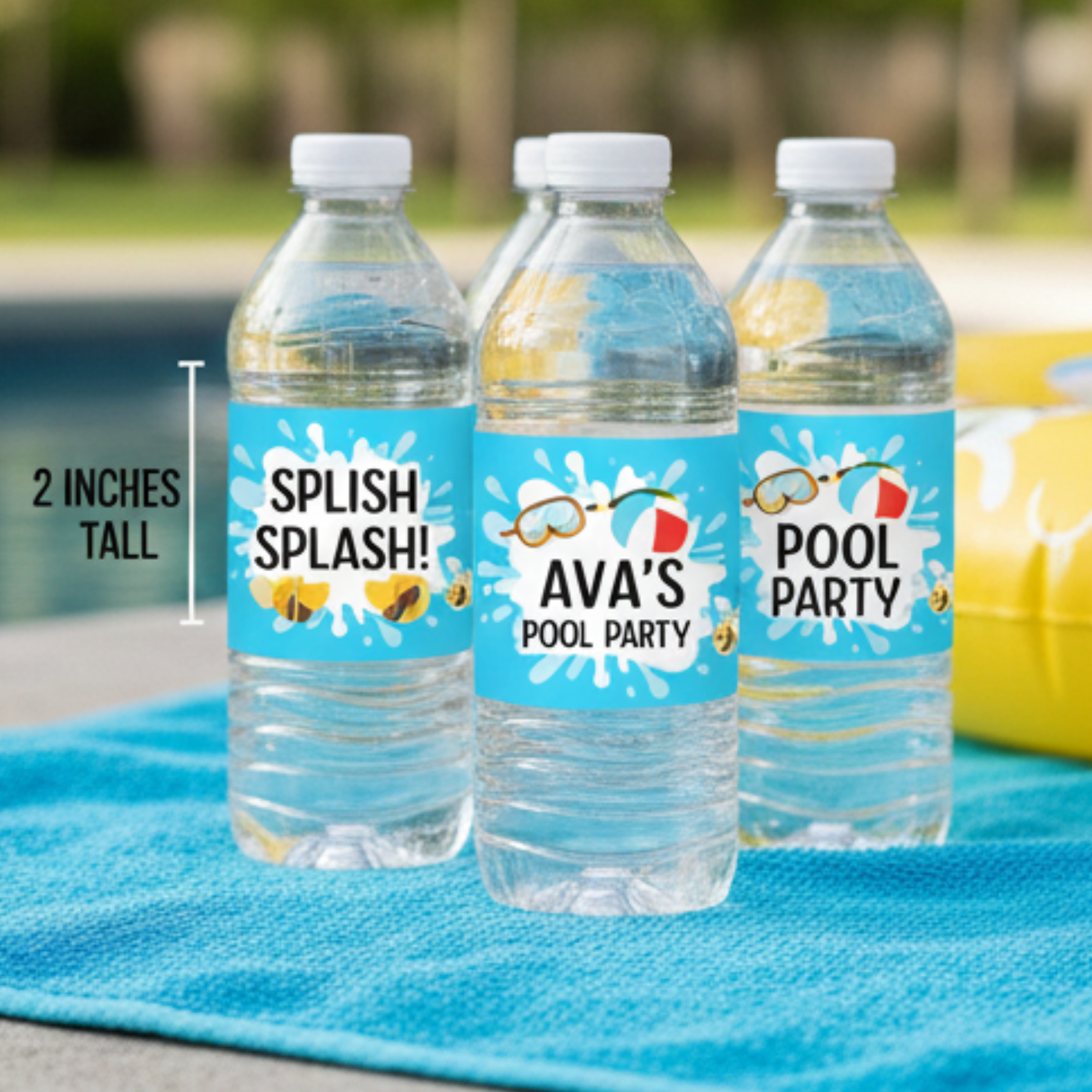 Three water bottles with pool party labels on a blue towel by a pool.