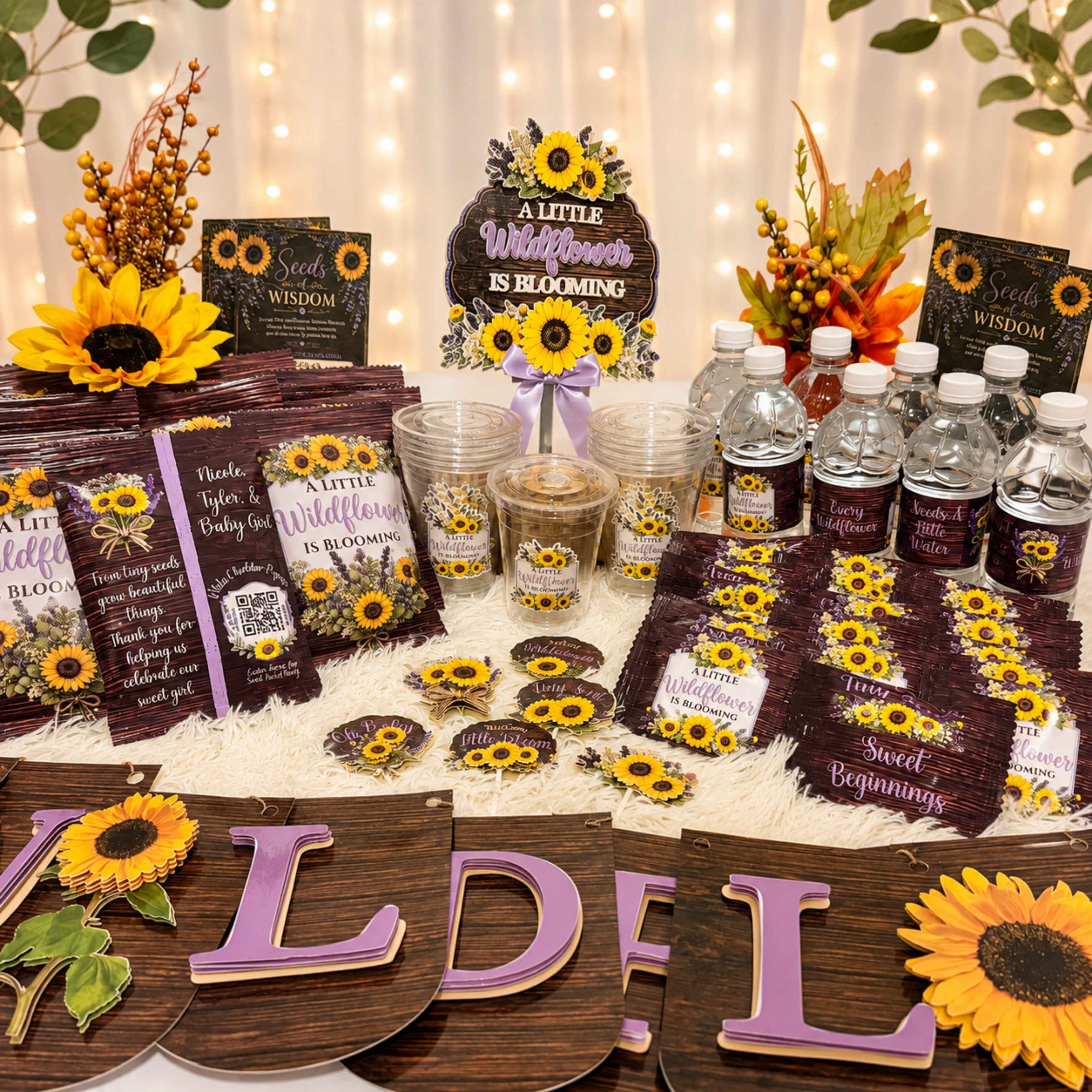Custom sunflower wildflower birthday party favor bundle featuring personalized chip bags, water bottle labels, party cups, birthday banner, custom cake topper, cupcake toppers, stickers, party favors, floral birthday decorations, rustic themed birthday supplies, and boho first birthday party decorations