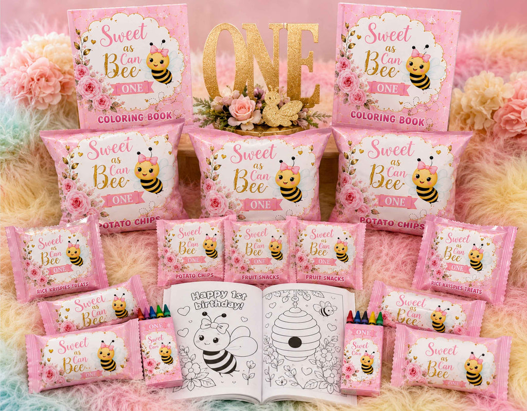 Custom sweet as can bee first birthday party favor bundle featuring personalized bee themed chip bags, rice krispie treat wrappers, fruit snack wrappers, custom coloring books, crayon packs, stickers, birthday banner, custom cake topper, cupcake toppers, bee birthday decorations, pink bee birthday party supplies, first birthday party favors for girls, and personalized custom party favor bundle for themed birthday celebrations