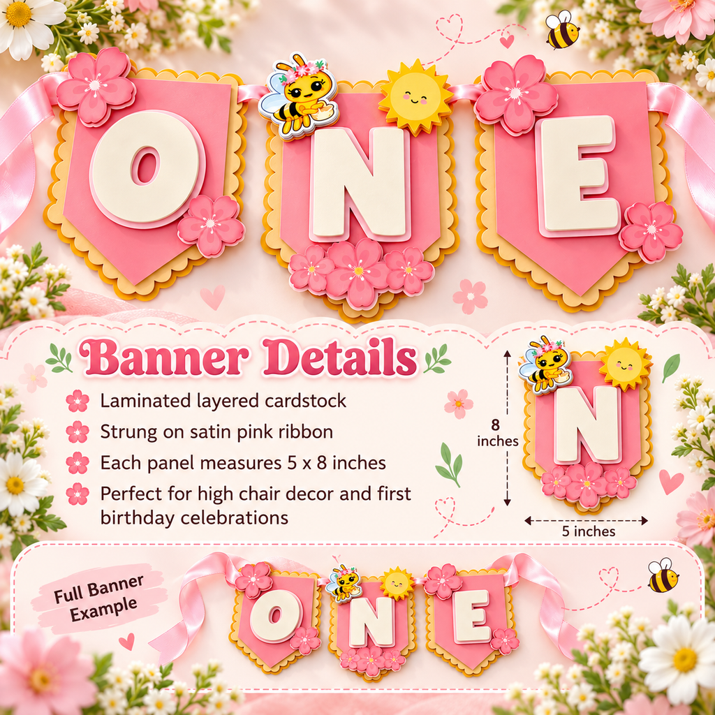 Sweet One bee high chair banner details showing layered laminated cardstock, pink ribbon, and 5 by 8 inch ONE panels.