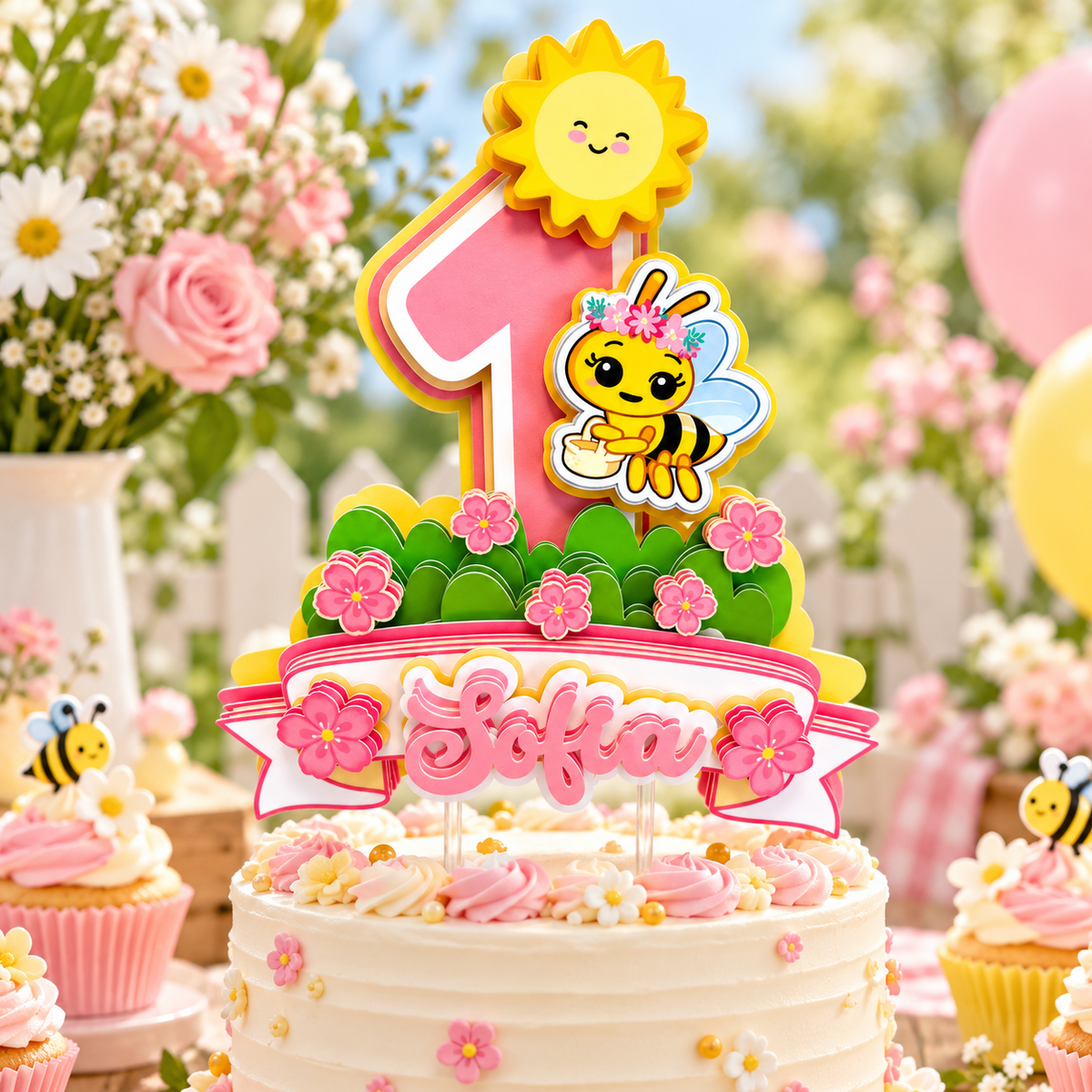 Sweet One bee birthday cake topper displayed on a floral first birthday cake with pink yellow and garden party decorations