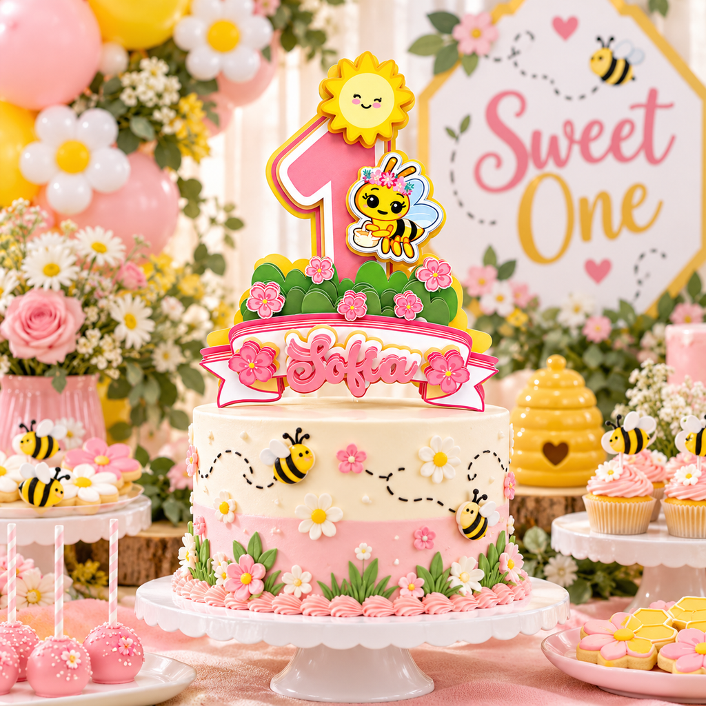 Sweet One bee themed first birthday dessert table featuring personalized cake topper flowers cupcakes honey accents and pastel party decor