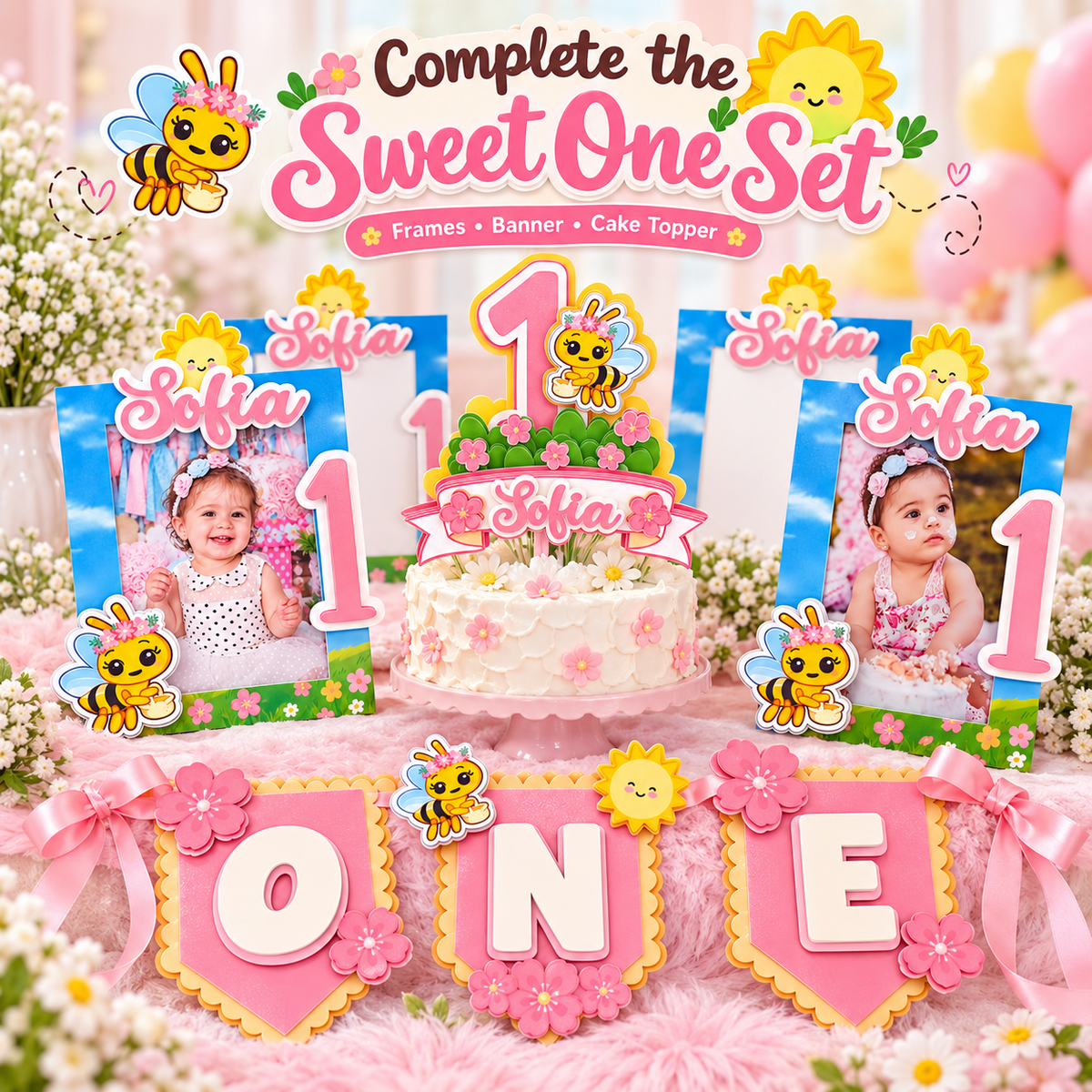Coordinated Sweet One bee birthday party set with personalized photo frames, matching cake topper and ONE banner in pink yellow and floral details.