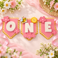 Sweet One bee high chair banner spelling ONE with layered pink floral cardstock panels, bee and sunshine accents, and pink ribbon.