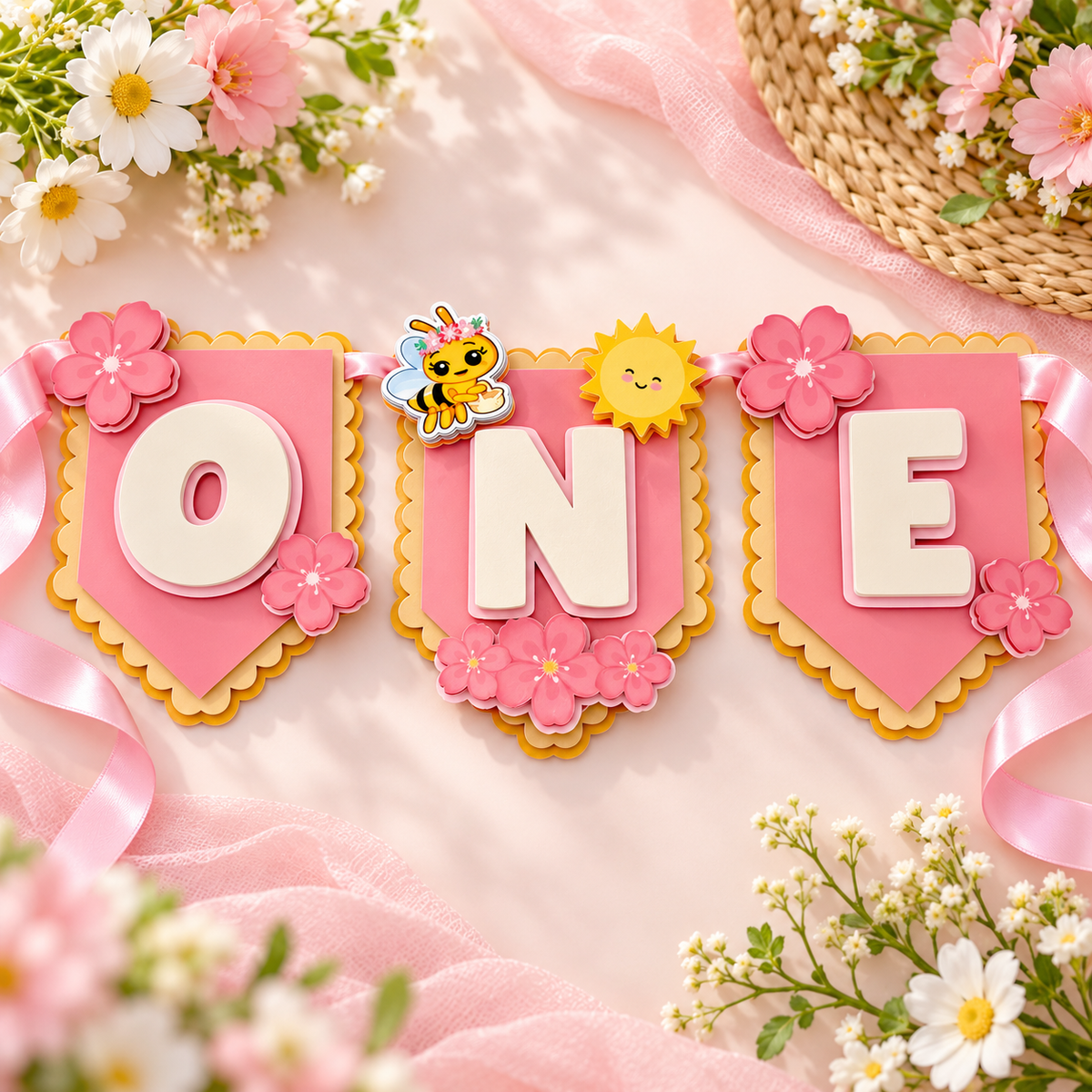 Sweet One bee high chair banner spelling ONE with layered pink floral cardstock panels, bee and sunshine accents, and pink ribbon.