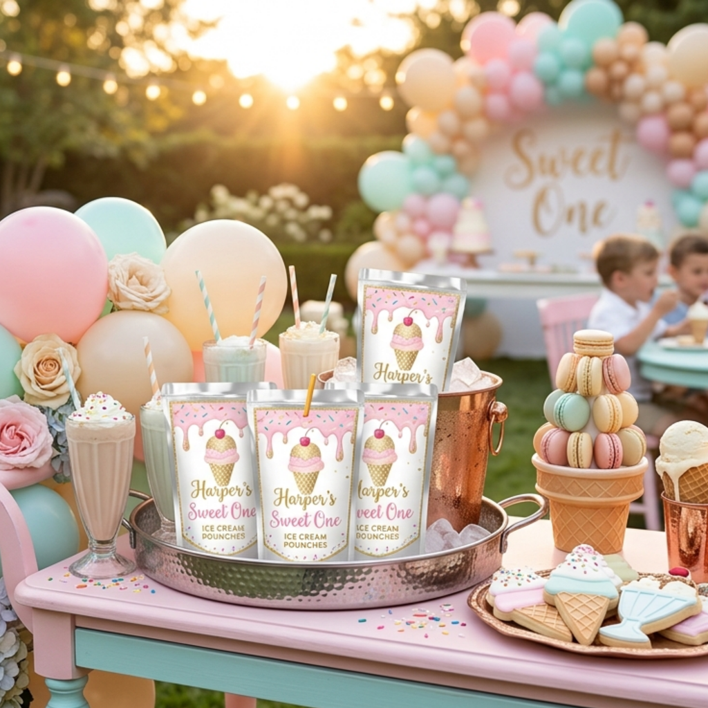 Personalized Sweet One first birthday juice pouch labels featuring pastel ice cream birthday party favors dessert theme and custom child name design.