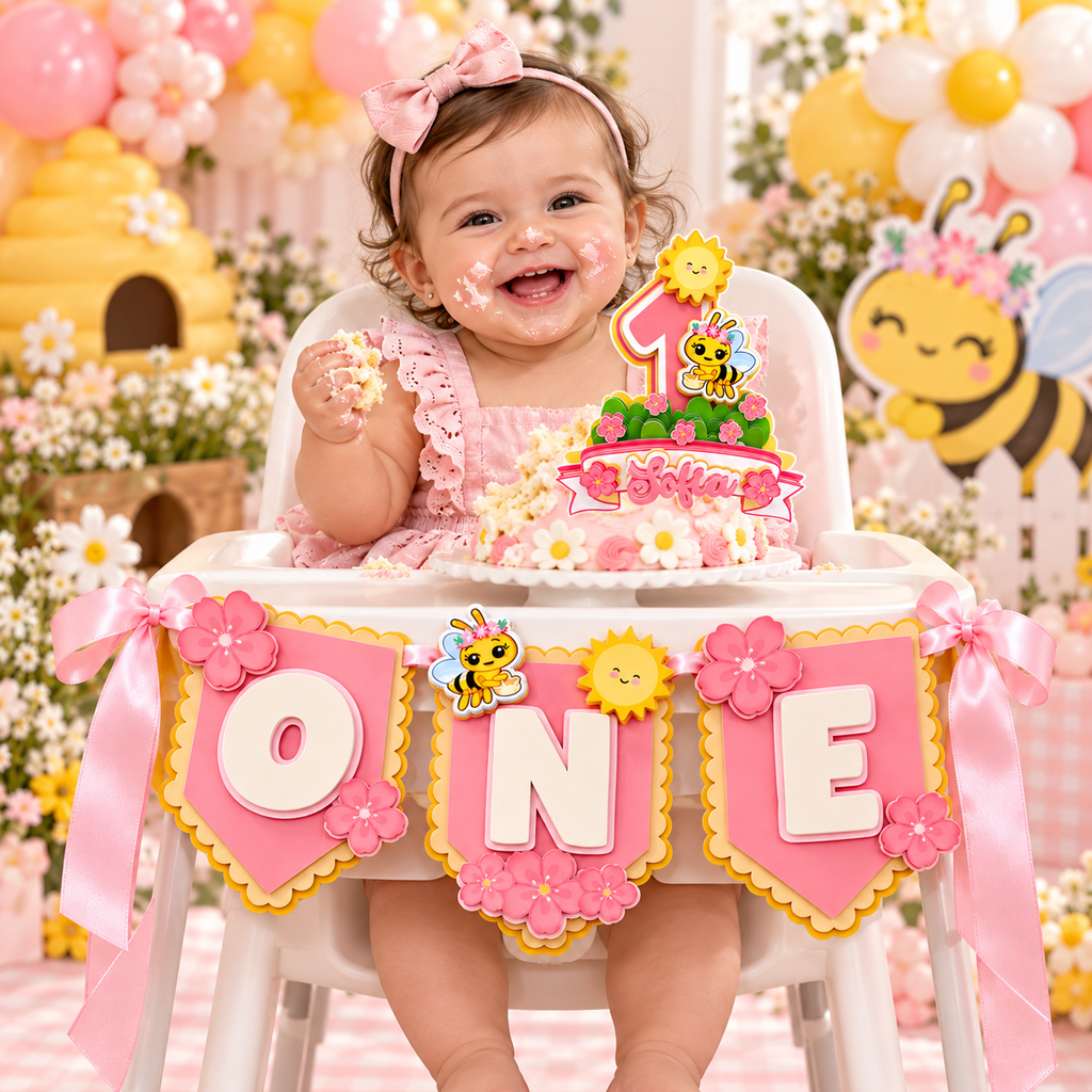 Sweet One bee high chair banner styled for a first birthday smash cake scene with pink floral decor and a coordinating bee cake topper.