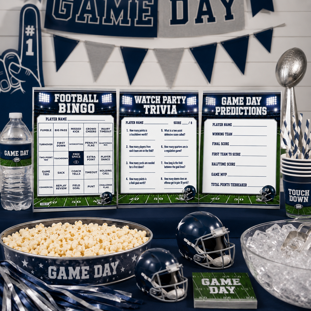 A football-themed party decoration and game kit setup on a dark table, including a football bingo board, watch party trivia sheet, game day predictions card, popcorn bowl, helmets, cups, napkins, and a water bottle.