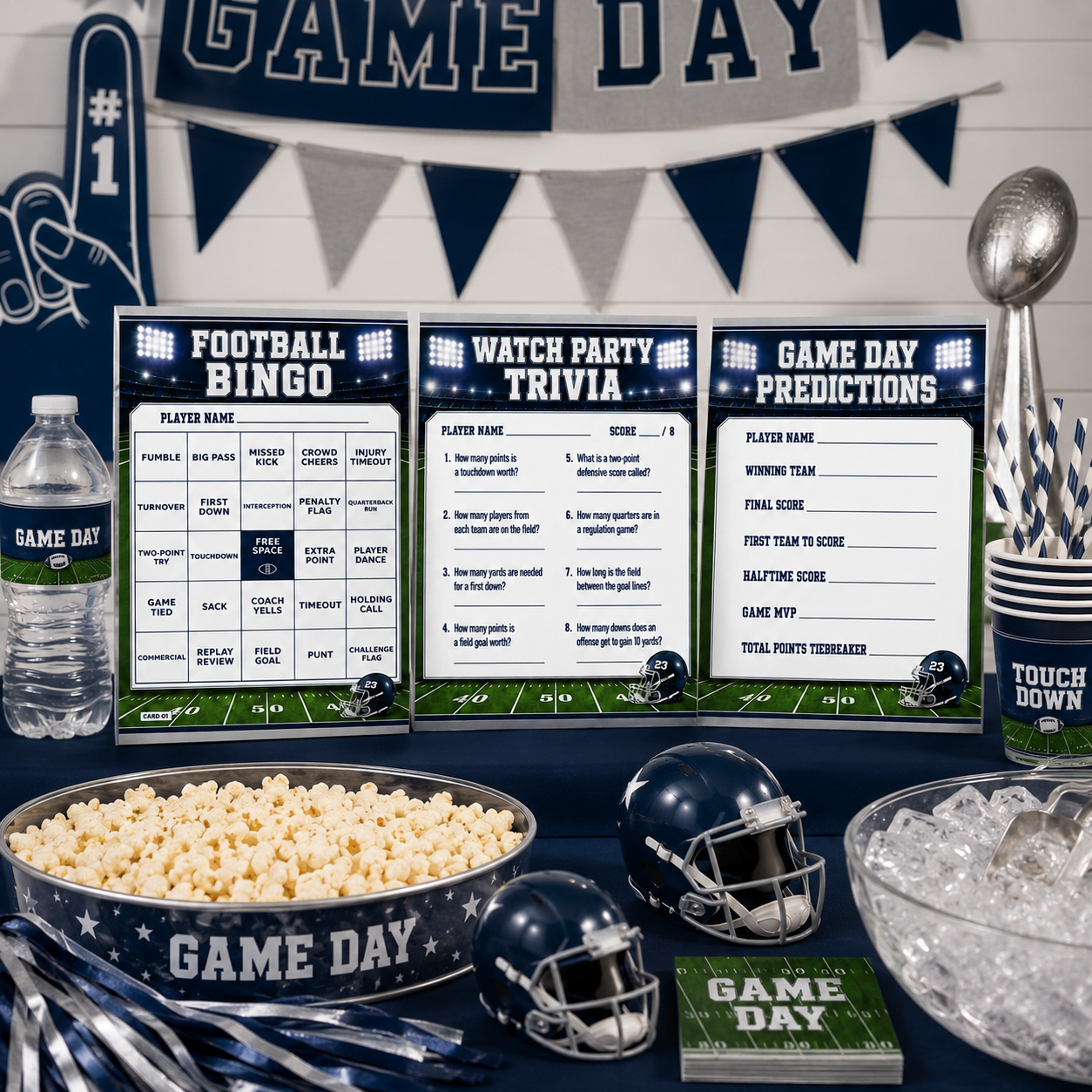 A football-themed party decoration and game kit setup on a dark table, including a football bingo board, watch party trivia sheet, game day predictions card, popcorn bowl, helmets, cups, napkins, and a water bottle.