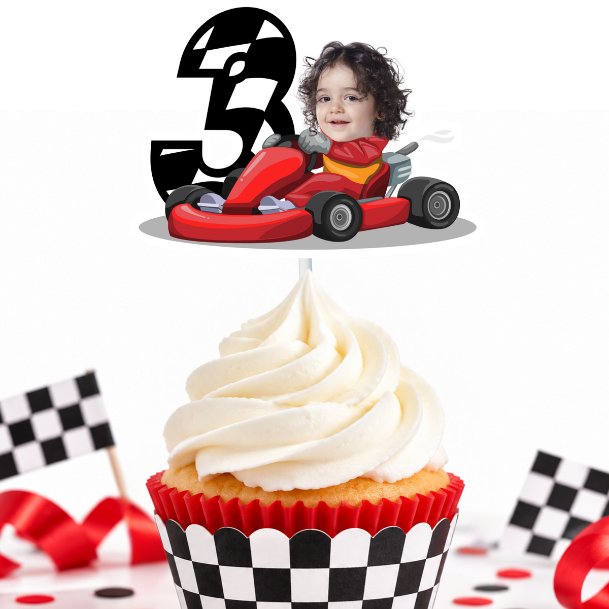 Personalized third birthday race car cupcake topper with child photo and custom age three checkered racing number