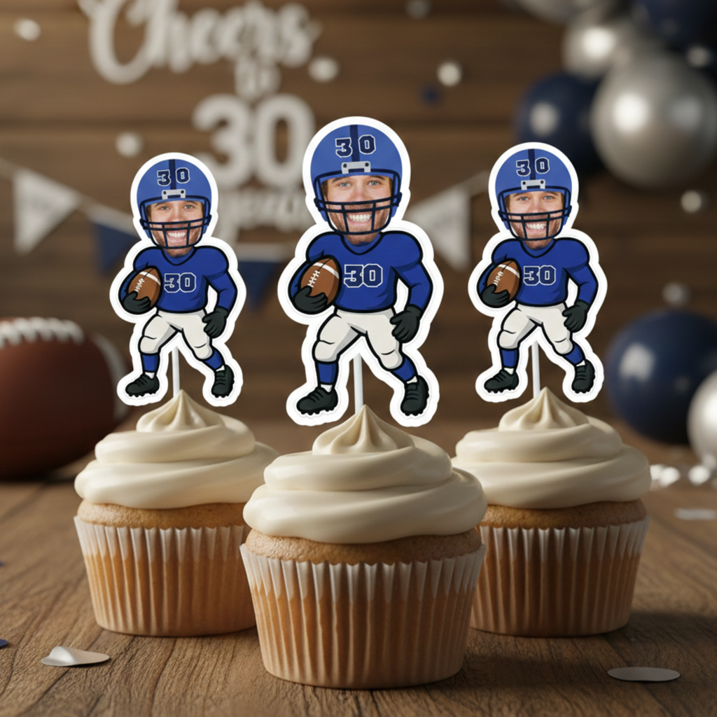 Set of three custom football cupcake toppers featuring a personalized photo face and number 30 jersey, arranged on cupcakes for a coordinated adult birthday party display. Designed for a 30th birthday sports theme, these game day dessert decorations are perfect for football fans celebrating a milestone year. Custom face sports party supplies that elevate a masculine football themed birthday celebration.
