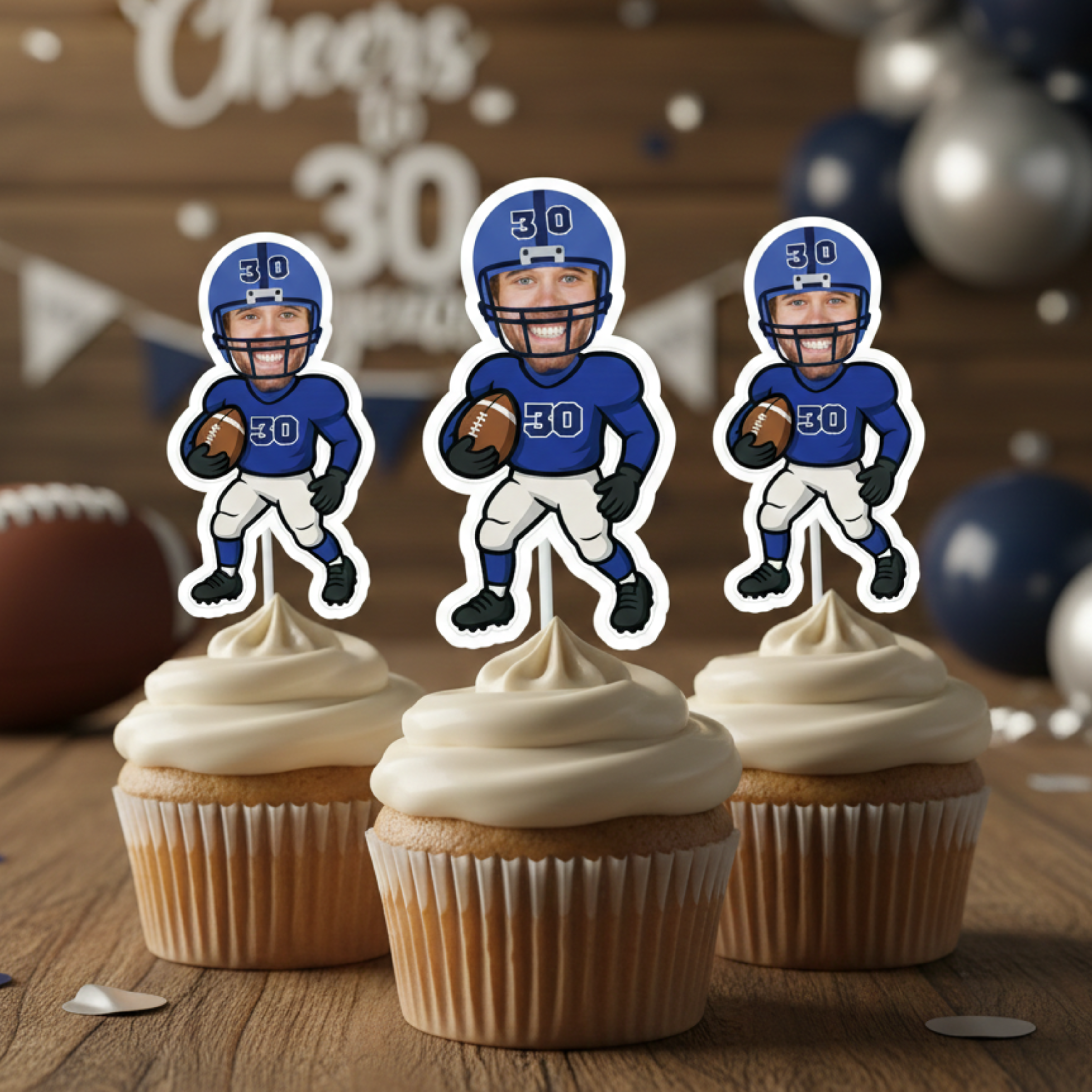 Set of three custom football cupcake toppers featuring a personalized photo face and number 30 jersey, arranged on cupcakes for a coordinated adult birthday party display. Designed for a 30th birthday sports theme, these game day dessert decorations are perfect for football fans celebrating a milestone year. Custom face sports party supplies that elevate a masculine football themed birthday celebration.