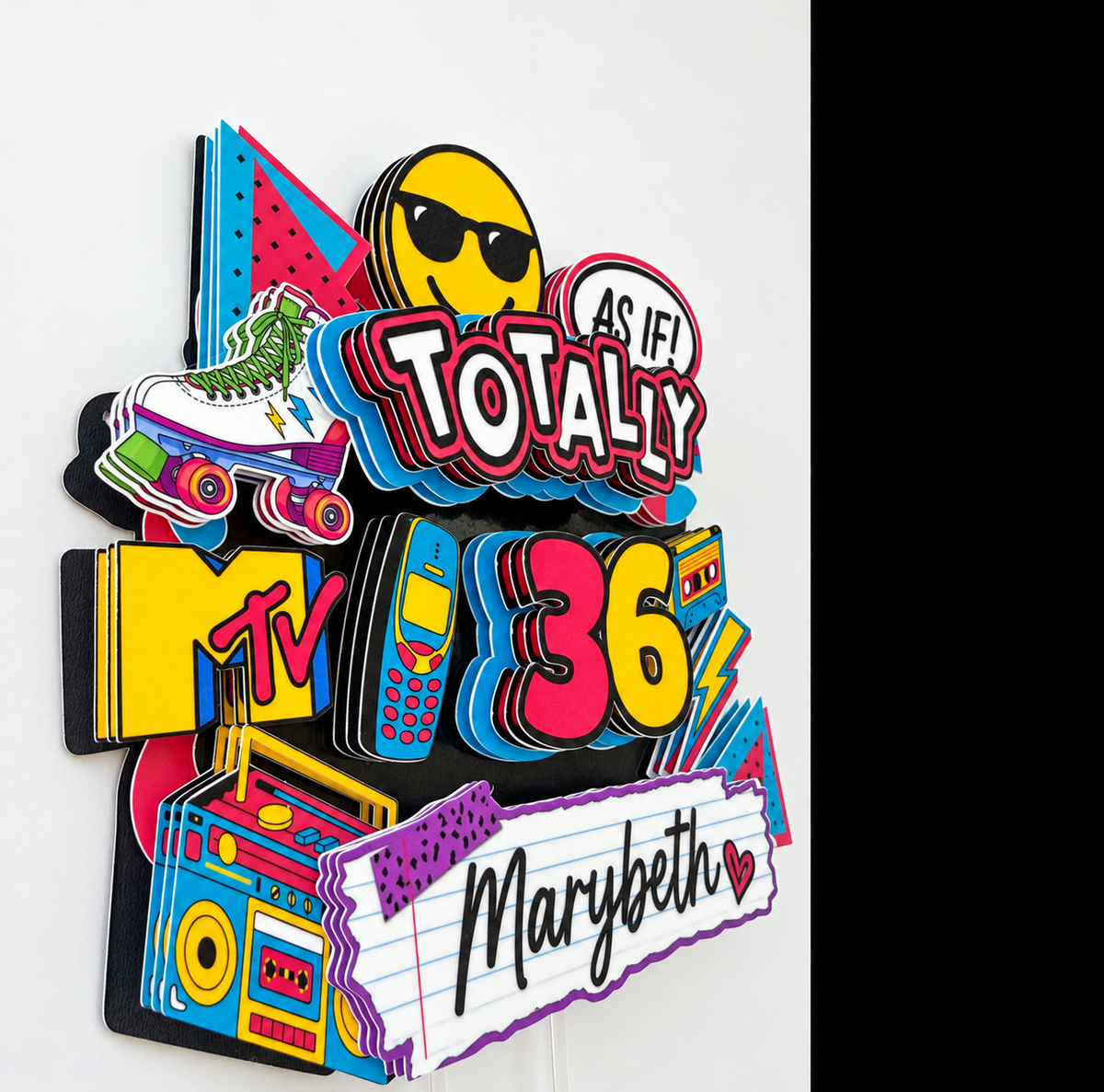 Personalized Totally 90s birthday cake topper displayed upright with custom Marybeth name, age 36, roller skate, cassette tape, boombox and retro icons.