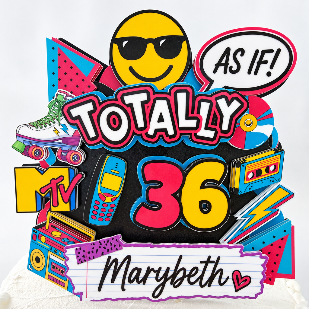 Personalized Totally 90s cake topper with custom name and age, sunglasses smiley face, As If speech bubble, roller skate, cassette tape, boombox and neon retro details.