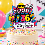 Personalized Totally 90s retro birthday cake topper with custom name and age on a white birthday cake with bright neon party decorations.