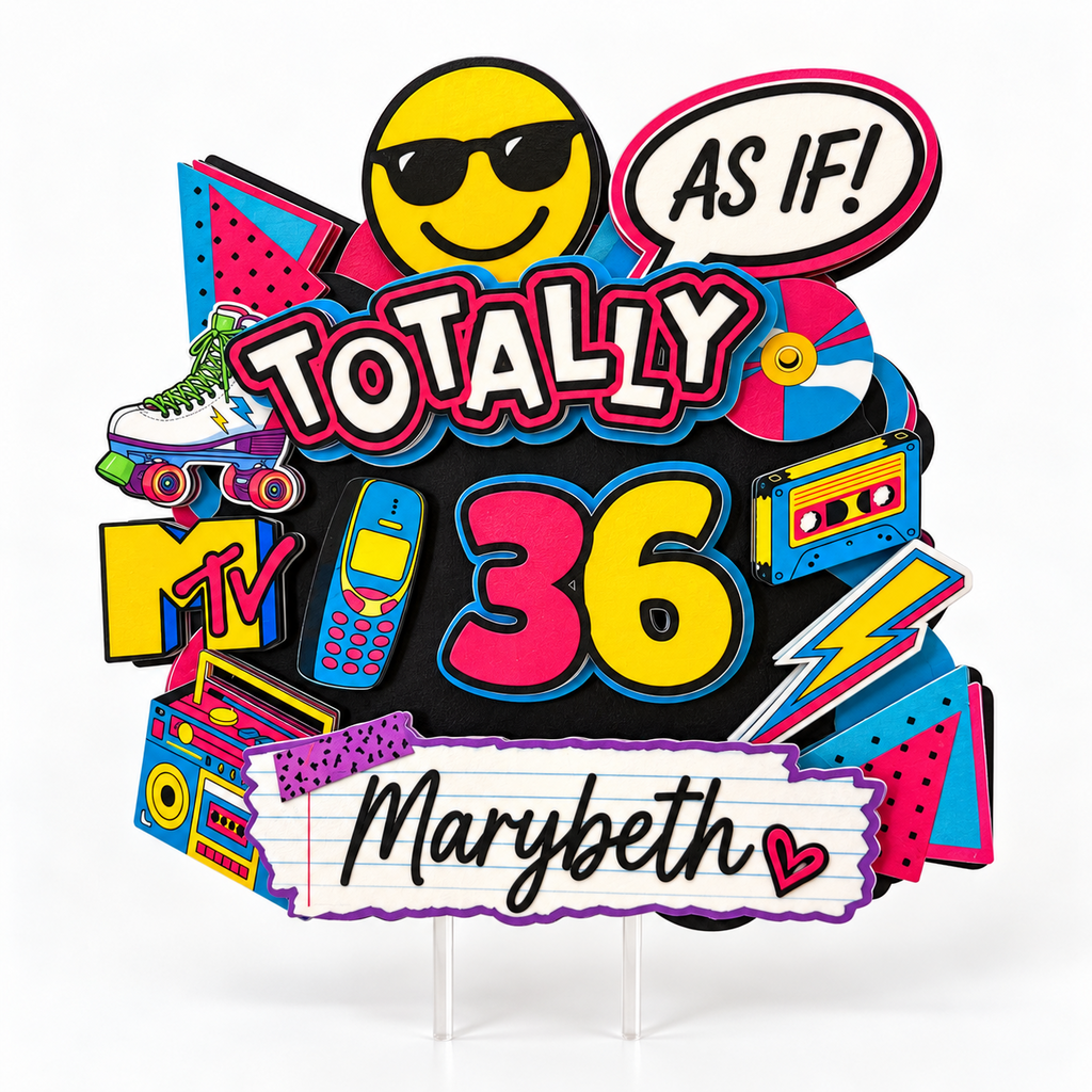 Personalized Totally 90s retro cake topper with custom Marybeth name and age 36 styled for a bright nostalgic birthday party.