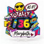 Personalized Totally 90s retro cake topper with custom Marybeth name and age 36 styled for a bright nostalgic birthday party.