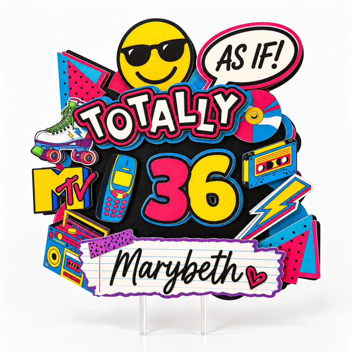 Personalized Totally 90s retro cake topper with custom Marybeth name and age 36 styled for a bright nostalgic birthday party.
