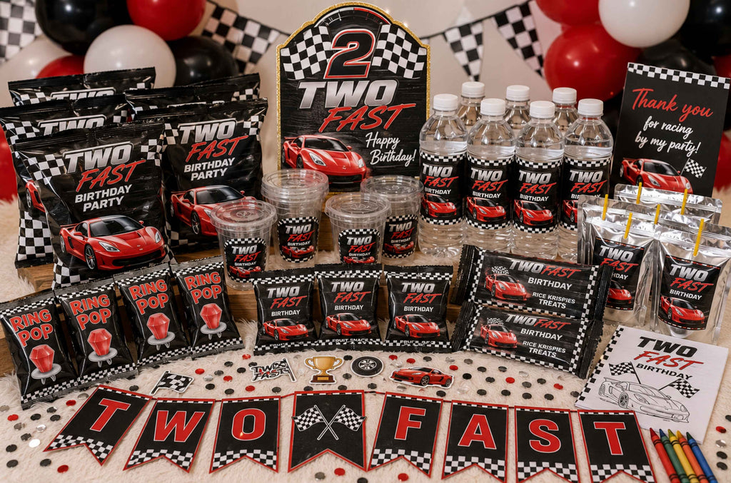 Custom two fast race car birthday party favor bundle featuring personalized chip bags, water bottle labels, juice pouch labels, rice krispie treat wrappers, ring pop wrappers, birthday banner, custom cake topper, cupcake toppers, coloring books, stickers, race car birthday decorations, race themed party supplies, and fast one birthday party favors for boys