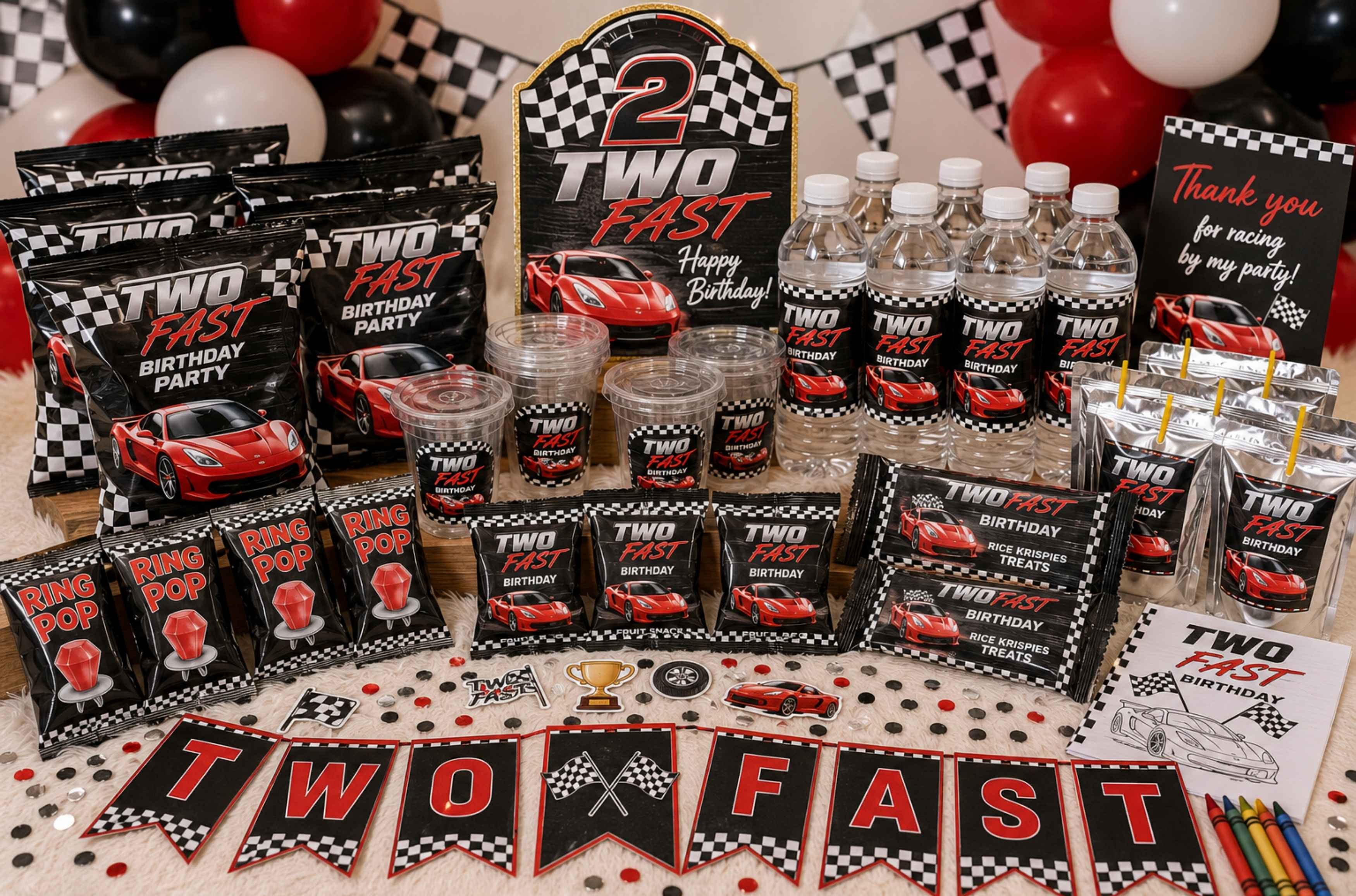 Custom two fast race car birthday party favor bundle featuring personalized chip bags, water bottle labels, juice pouch labels, rice krispie treat wrappers, ring pop wrappers, birthday banner, custom cake topper, cupcake toppers, coloring books, stickers, race car birthday decorations, race themed party supplies, and fast one birthday party favors for boys