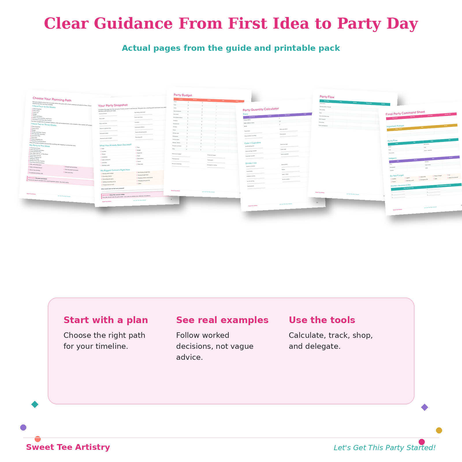 Receive two coordinated PDF files: the complete Stress-Free At-Home Birthday Party Blueprint and a reusable printable planning pack filled with practical worksheets, worked examples, trackers, timelines, and calculators.