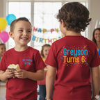 This image showcases personalized kids birthday shirts with a small front “Birthday Crew” design and a custom back print featuring the child’s name and age. Perfect for themed birthday parties, milestone celebrations, and coordinated party outfits, these custom youth shirts create memorable photo moments and cohesive event styling.