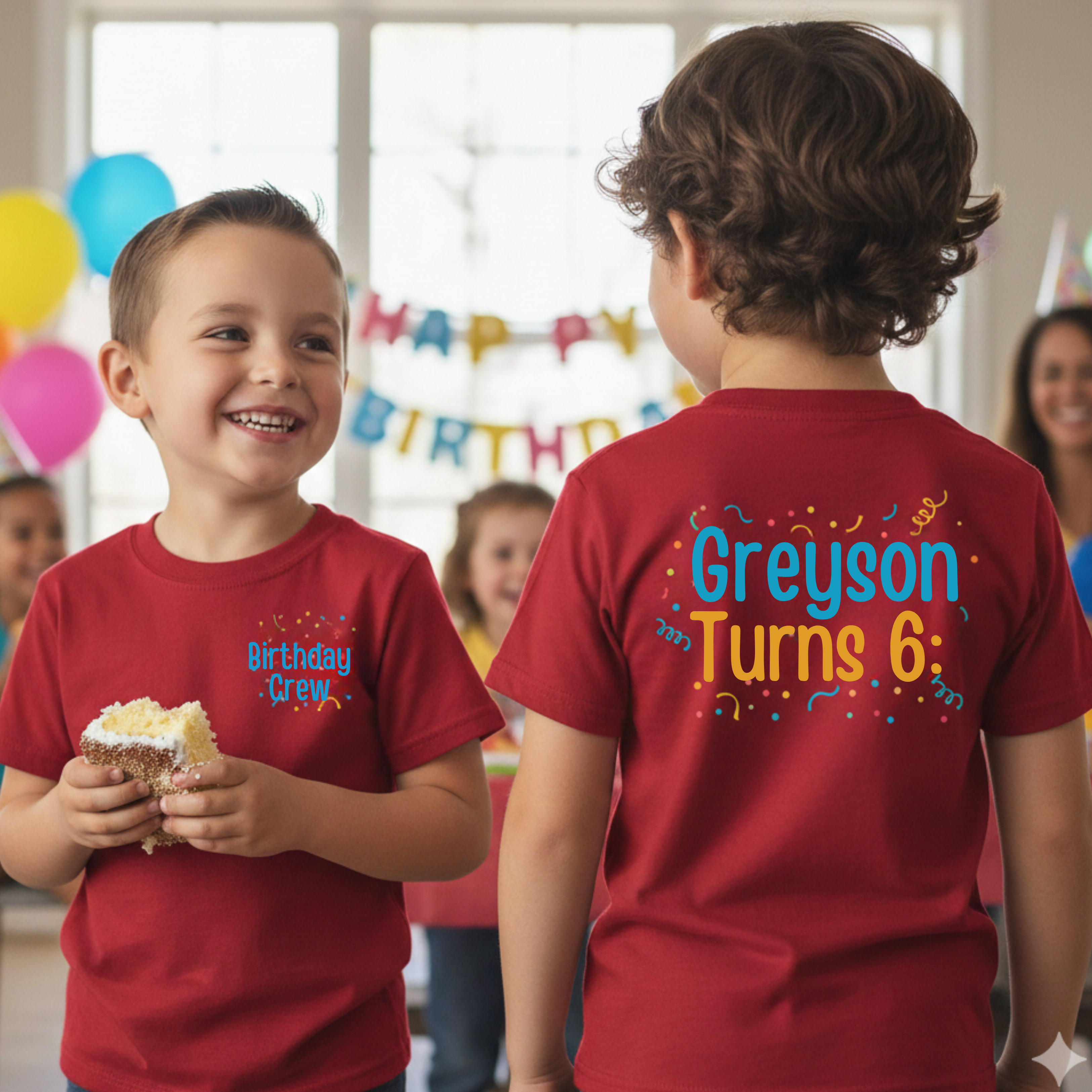 This image showcases personalized kids birthday shirts with a small front “Birthday Crew” design and a custom back print featuring the child’s name and age. Perfect for themed birthday parties, milestone celebrations, and coordinated party outfits, these custom youth shirts create memorable photo moments and cohesive event styling.