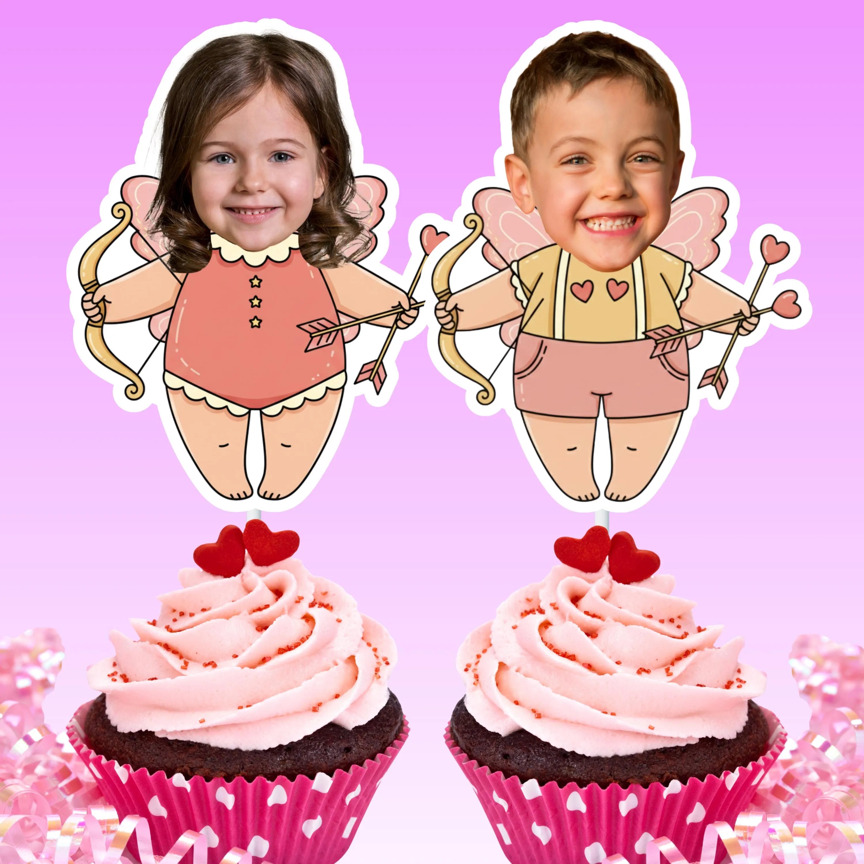 Children in fairy costumes with pink cupcakes on a purple background