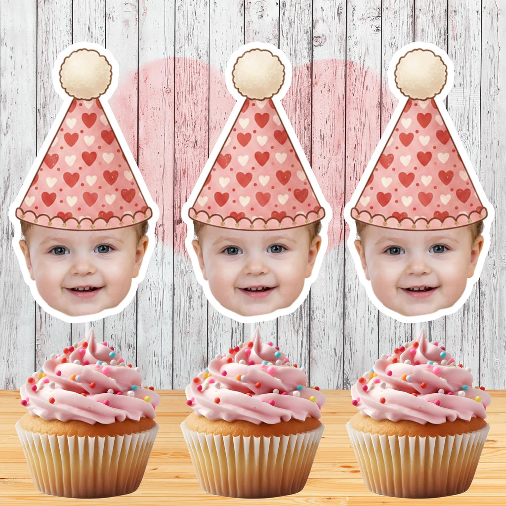 Three identical images of a child with a heart-patterned party hat, surrounded by pink cupcakes with sprinkles on a wooden surface.