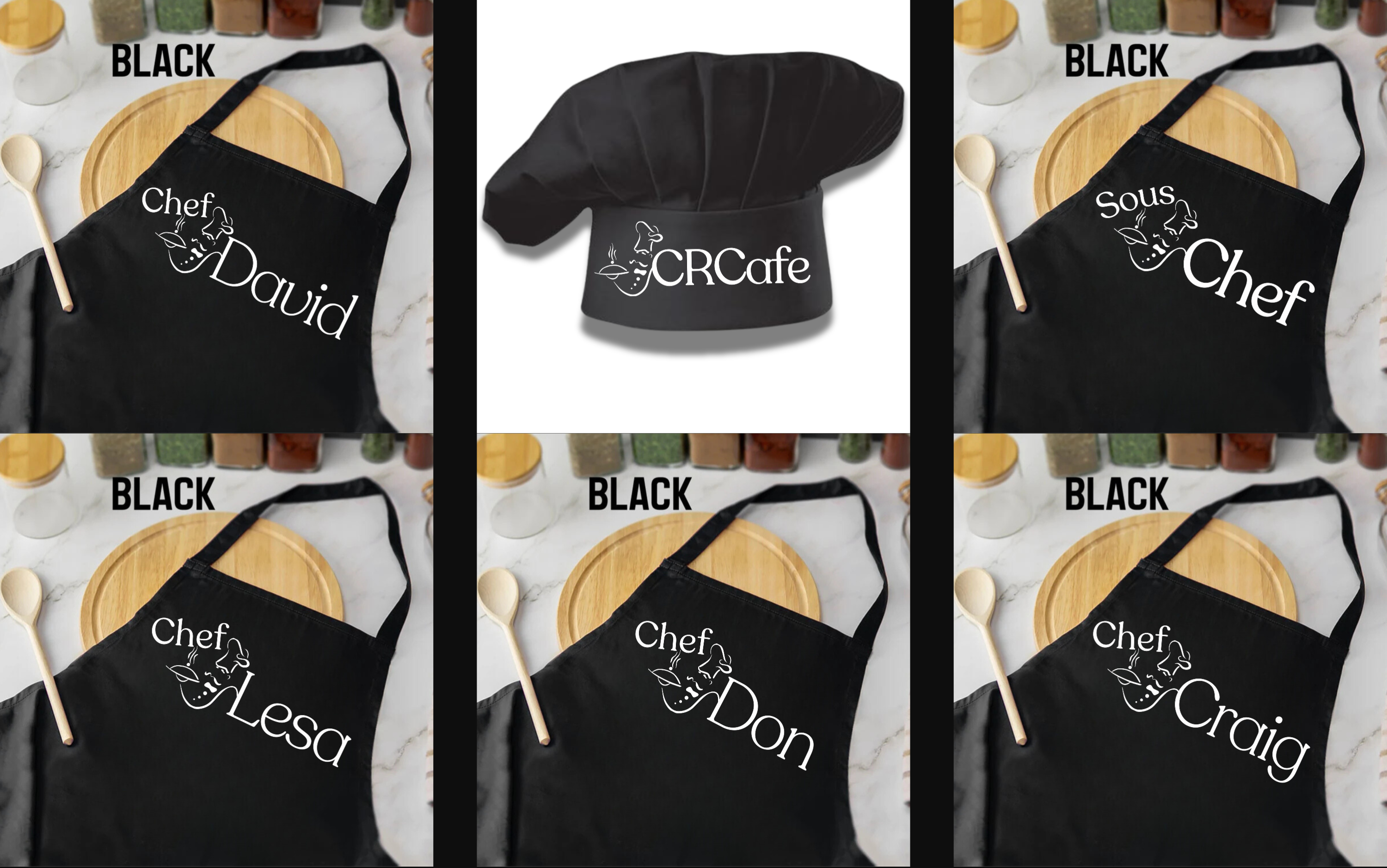 Set of black aprons with personalized names on a kitchen background